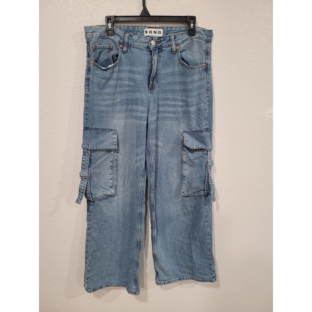 S.O.N.G. Womens Cargo Wide Leg Jeans Y2K Blue Denim 9/29 Buckle Straps #P3